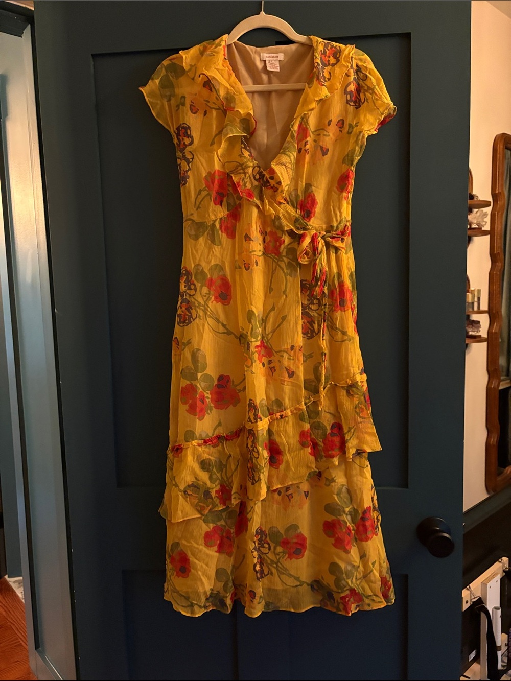 Sundance Yellow Floral Wrap Midi Dress with Ruffle Trim